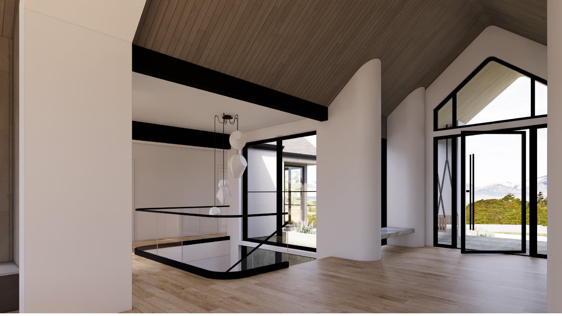 Avra, entry with the pivot door and the floating stair, rendering