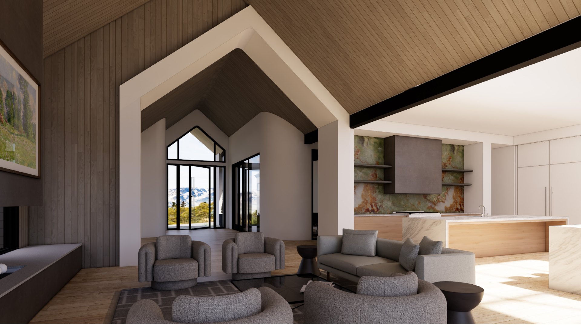Avra, great room and kitchen under the vaulted wood ceiling, rendering