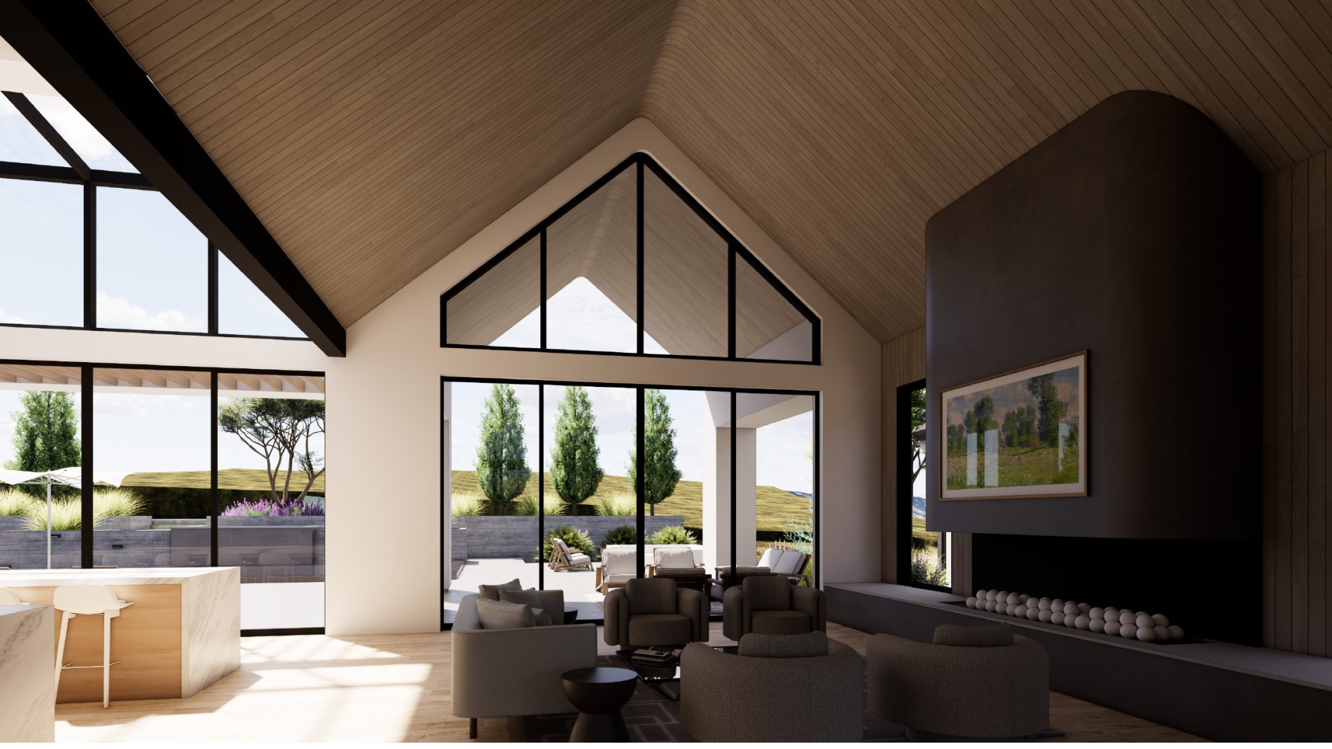 Avra, great room fireplace, rendering