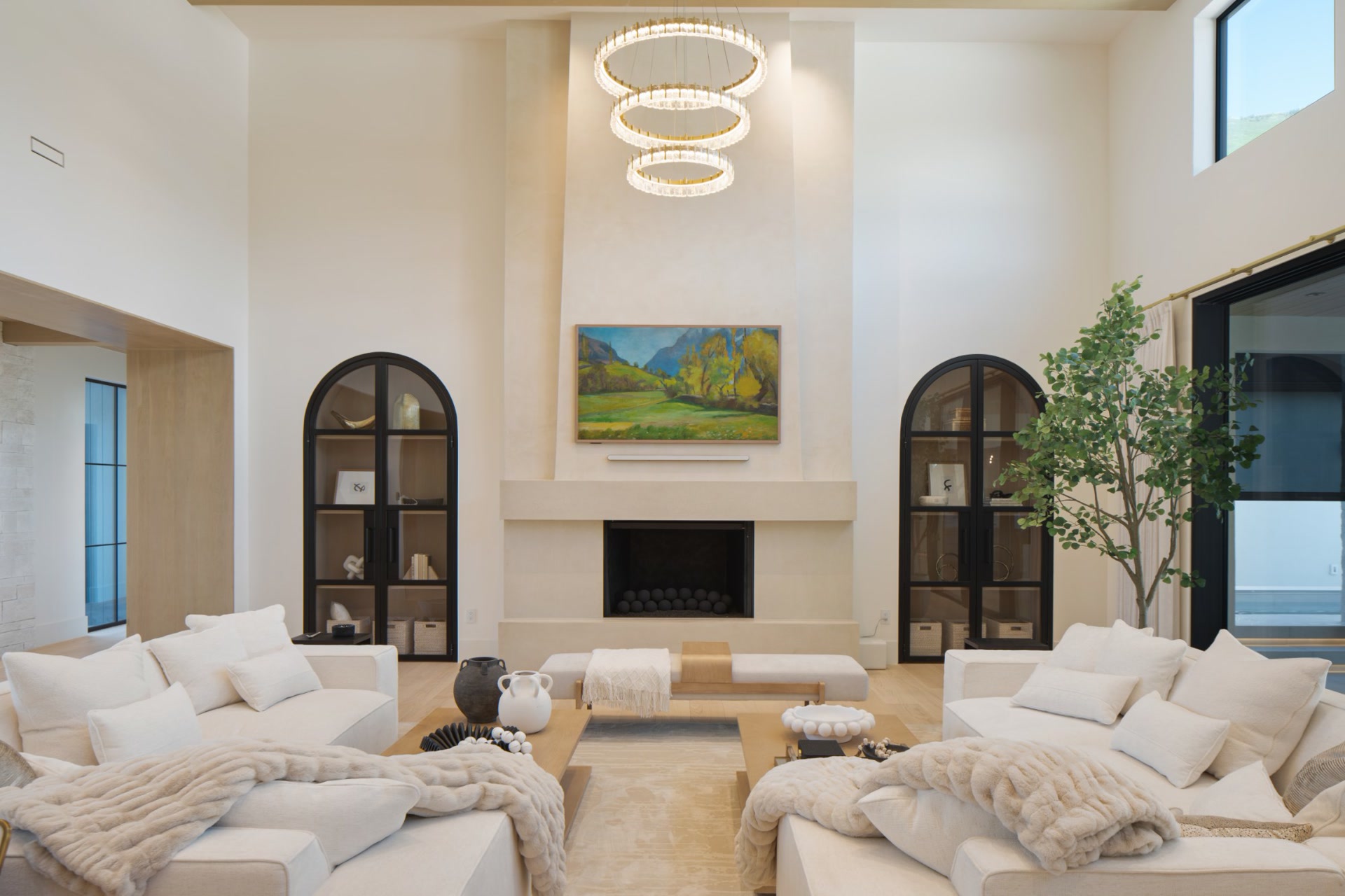 Great room with plaster fireplace and oak beams
