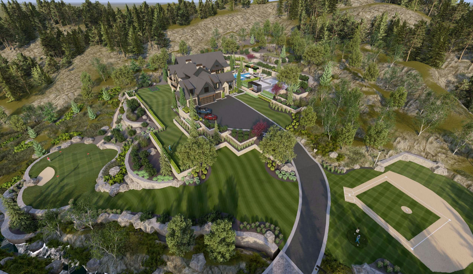 Three Falls project, the hillside lot from above, rendering