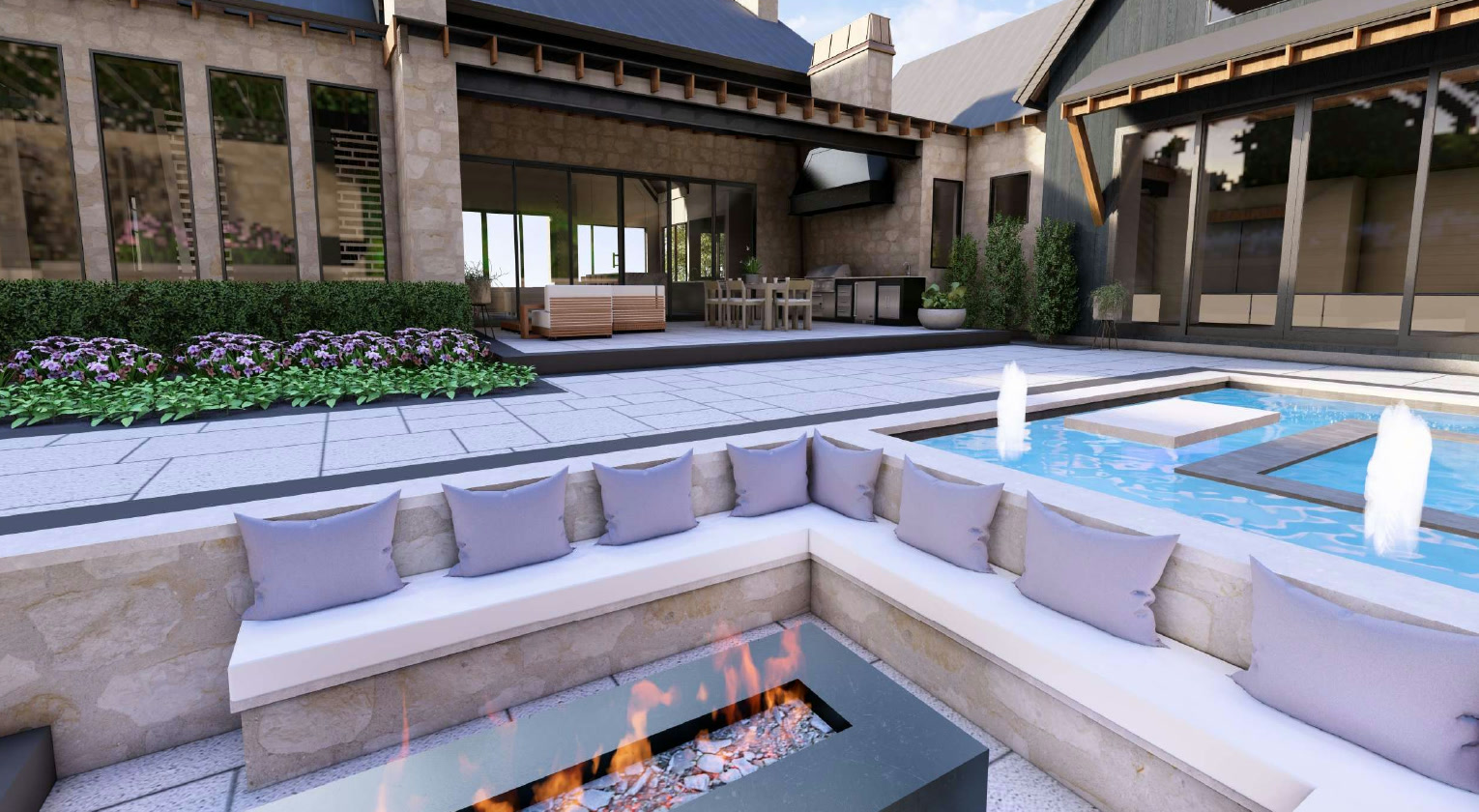 Three Falls project, the sunken fire pit, rendering