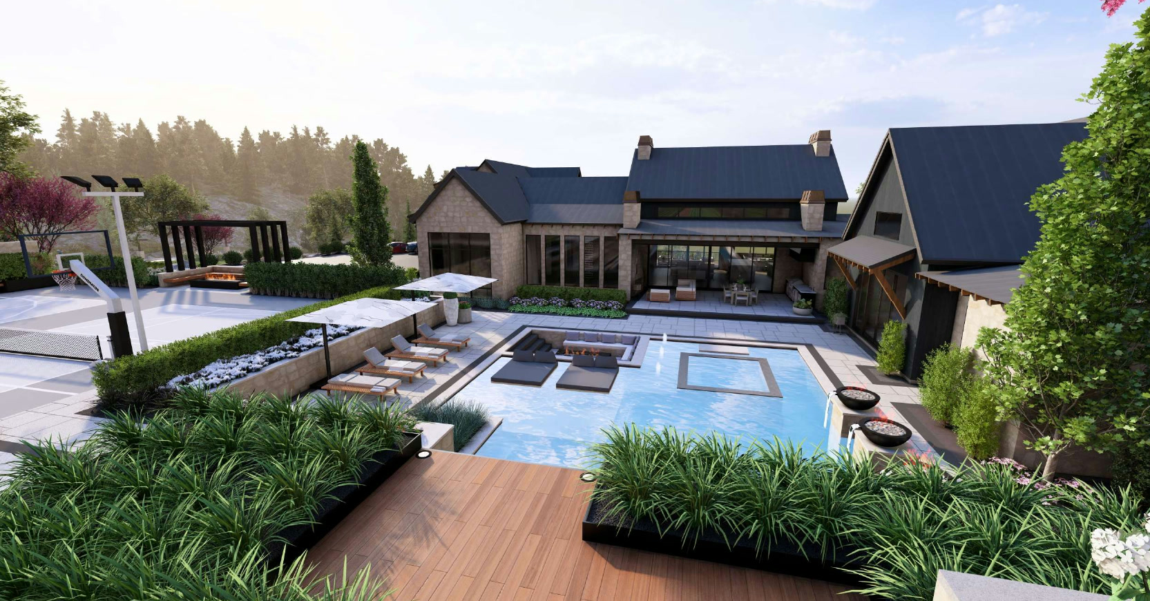 Three Falls project, the pool from the house, rendering