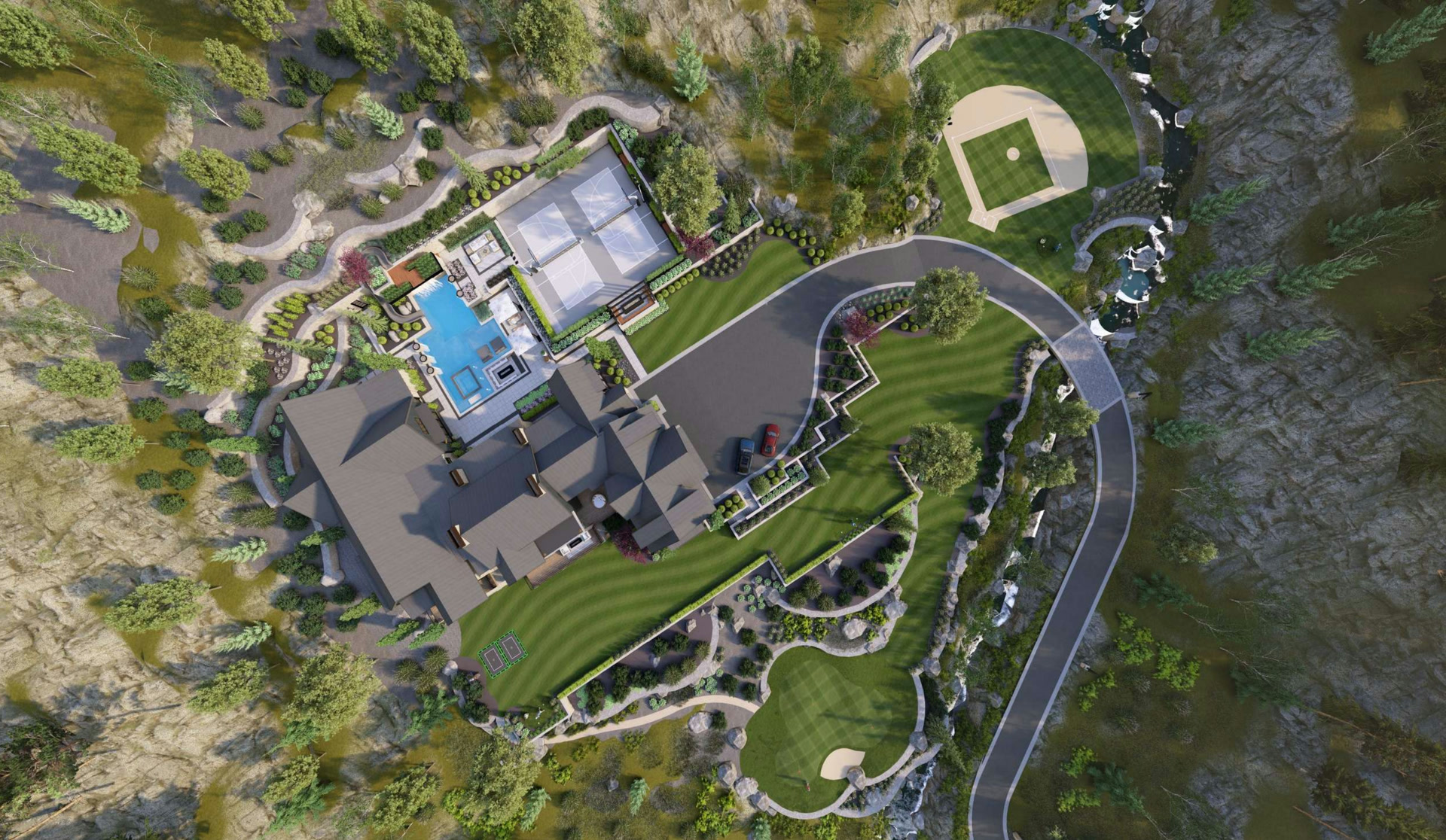 Three Falls project, the whole site from above, rendering