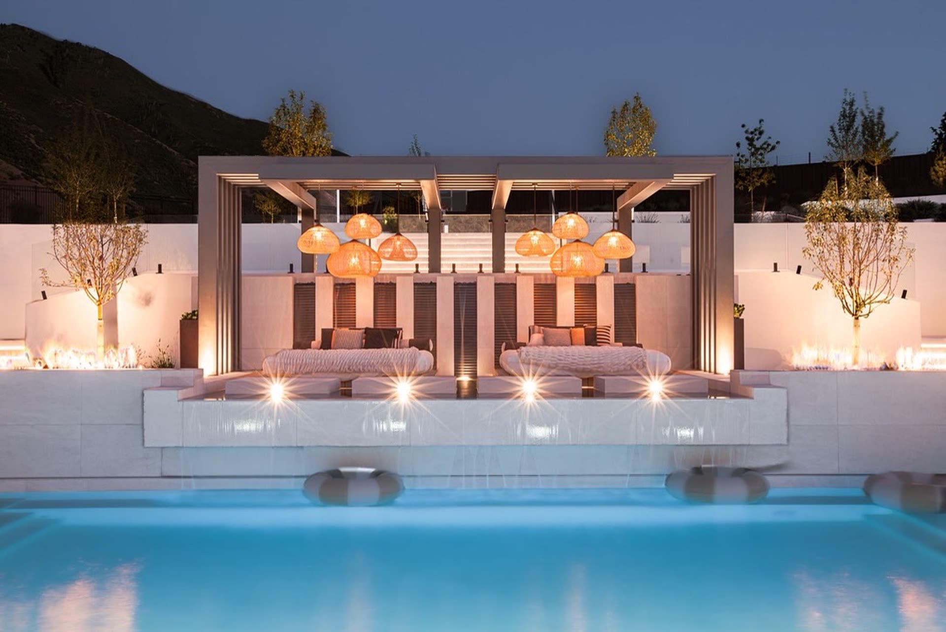 Pool and cabana at dusk