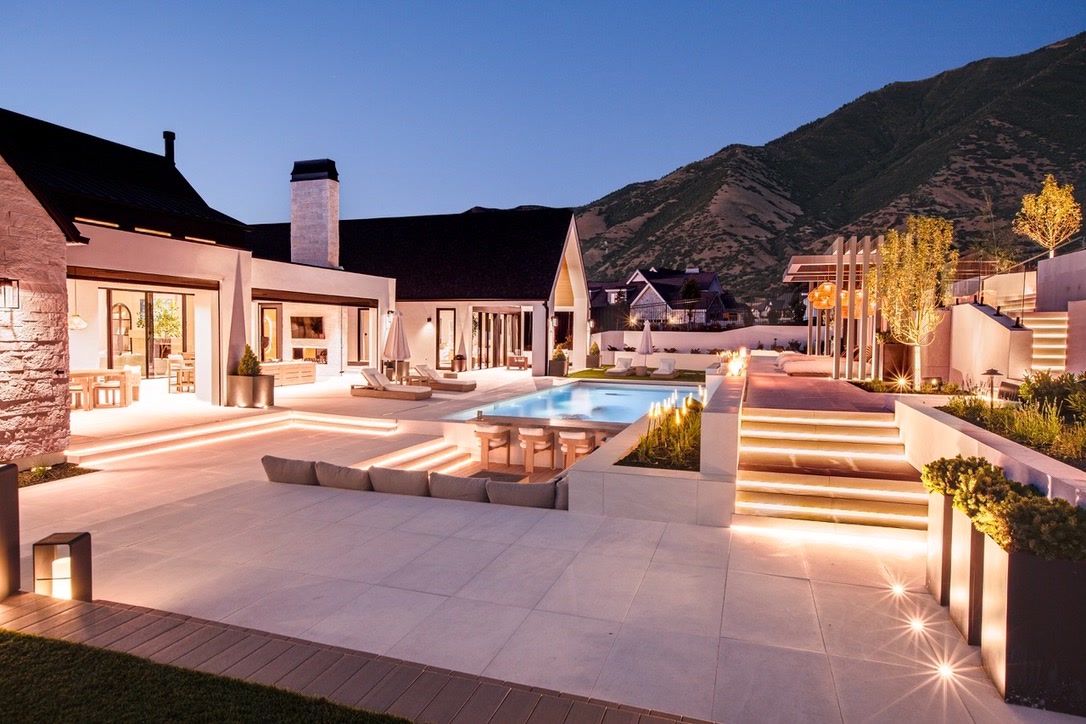 Backyard pool at dusk