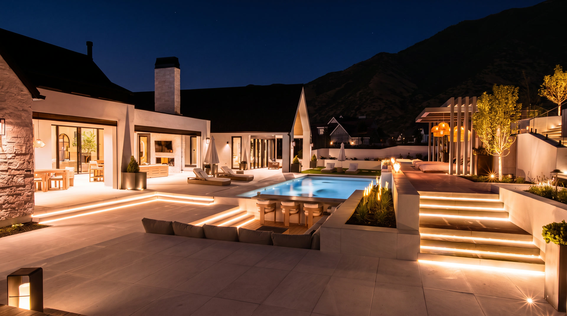 The pool terrace at night with the steps lit