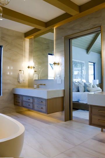 Primary bath with gold beams